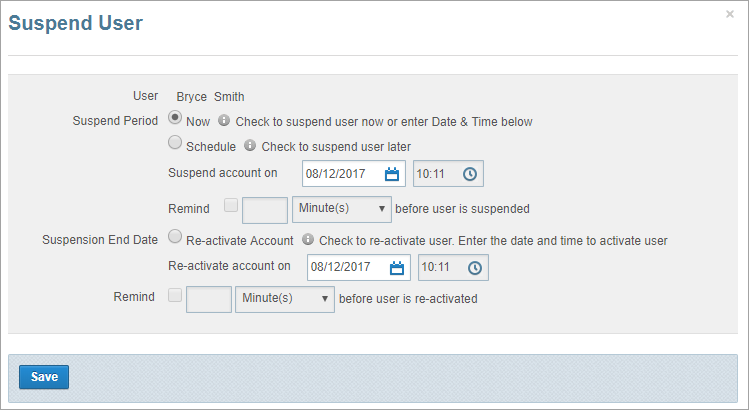 settings for suspending a user